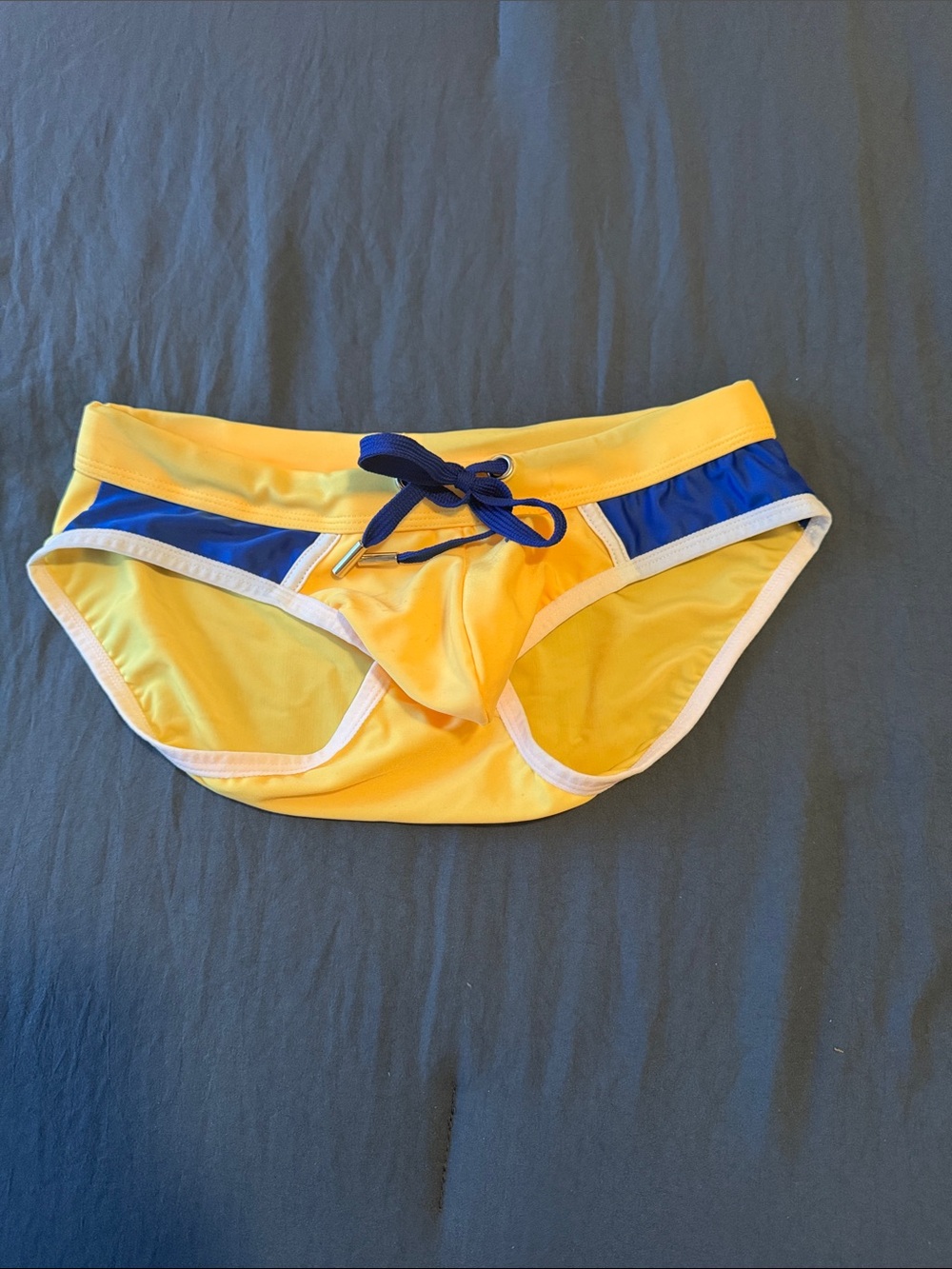 Bright Yellow & Royal Blue Men's Swim Briefs, Medium, Lined Pouch